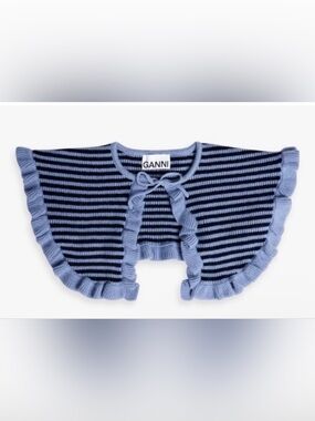 NWT GANNI Women One Size Striped Ruffled Trim Collar Wool Cashmere Sky Captain